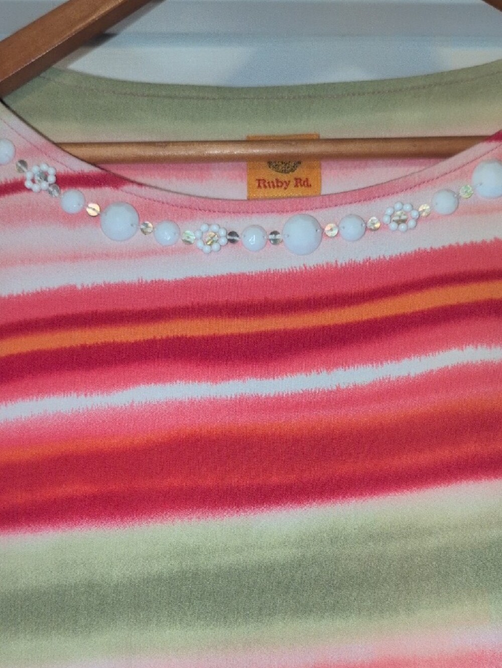 Ruby Rd. Pink, Green & White Striped Long Sleeve Top with Neck Embellishments - Picture 4 of 5